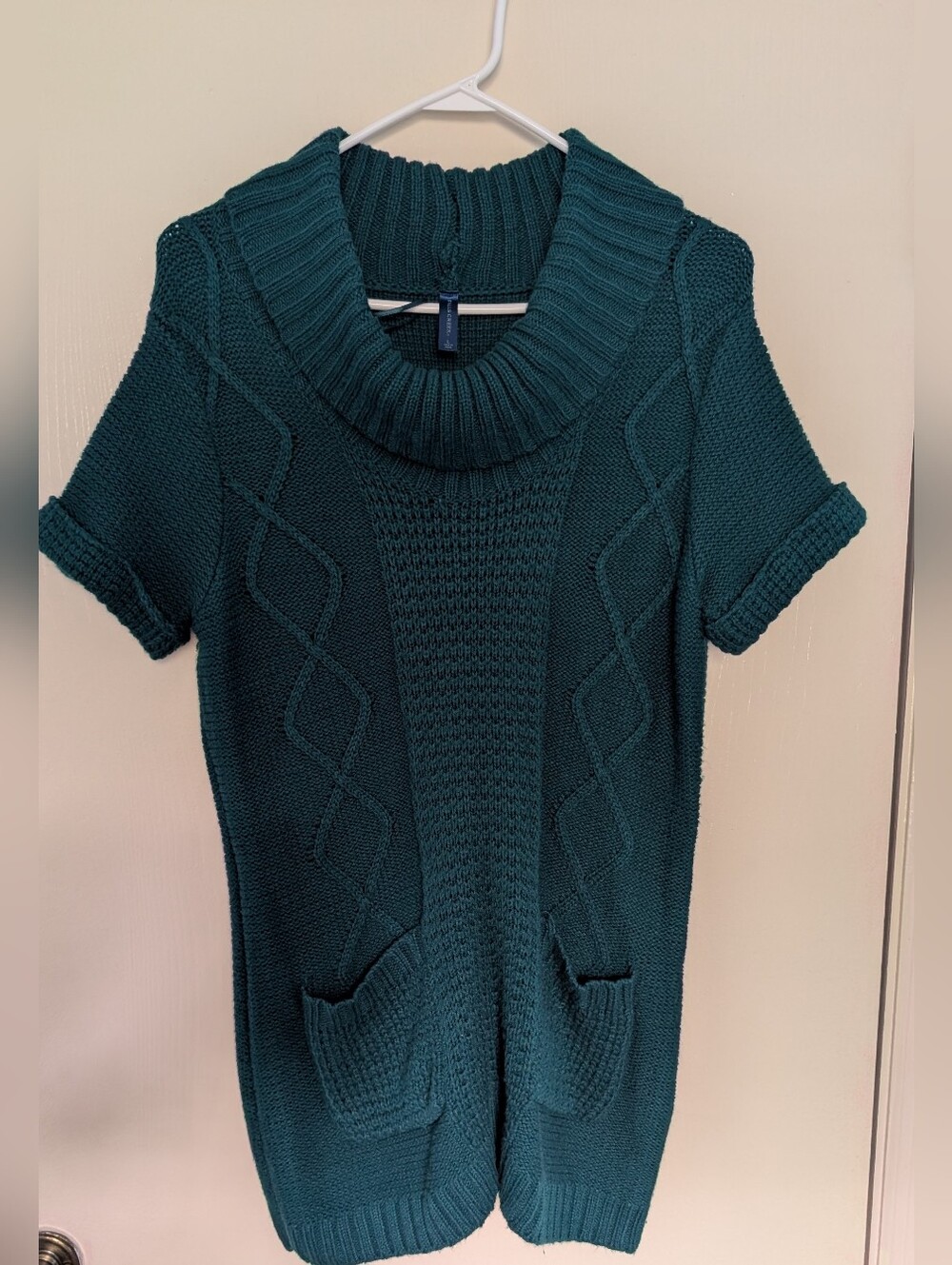 Falls Creek Teal Green Cable Knit Cowl Neck Short Sleeve Sweater Tunic L